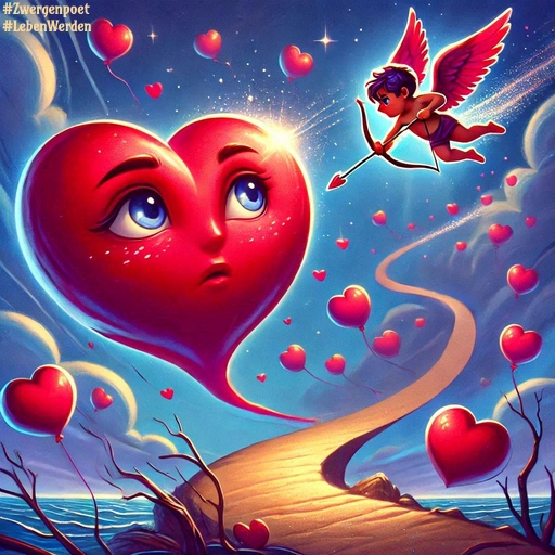 Eine comichafte Szene: Ein Pfad, der in den Himmel hinein führt. Amor hat einen Pfeil auf ein schüchtern blickendes Herz angelegt.