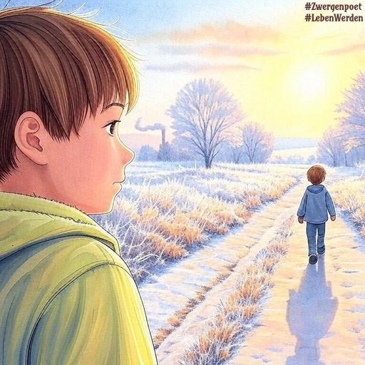 Zwei Kinder sind auf einem leicht eingeschneiten Feldweg unterwegs. Eines steht im Vordergrund, das andere läuft der Wintersonne entgegen. In der Ferne steht ein Haus mit qualmendem Schornstein.