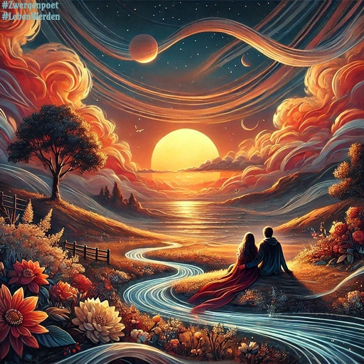 In einer abendlichen Traumlandschaft mit Blumen sitzt ein Pärchen an einem Fluss und schaut gemeinsam in den Sonnenuntergang.