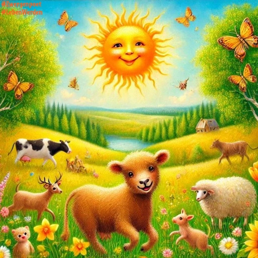 Eine lächelnde Sonne scheint über eine blühende Sommerlandschaft mit Schafen, Rehen, einer Kuh und zahlreichen Blumen und Schmetterlingen.