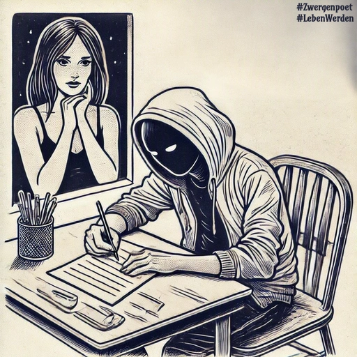 Eine Schwarz-Weiß-Illustration: Ein Jugendlicher mit verhülltem, gesichtslosem Kopf sitzt an einem Schreibtisch und schreibt. Neben ihm hängt das Bild einer jungen Frau an der Wand.