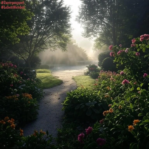 Ein geschwungener Pfad führt durch eine parkähnliche Landschaft mit Bäumen, blühenden Sträuchern und Blumen zu einem ruhigen See. Sonnenstrahlen fallen durch das Blätterdach.