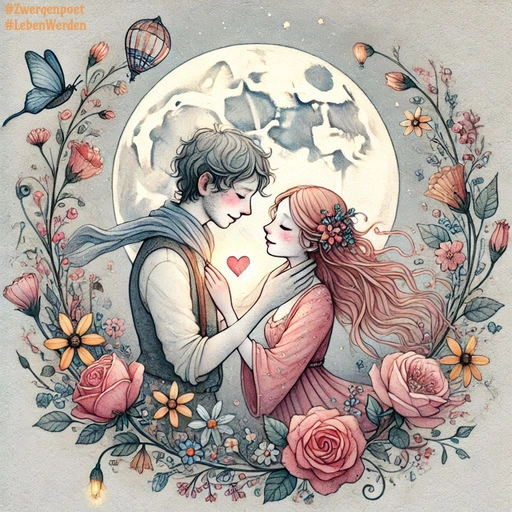 Ein junges Paar in einer Umarmung vor dem Vollmond, umrahmt von einem Blumenkranz.