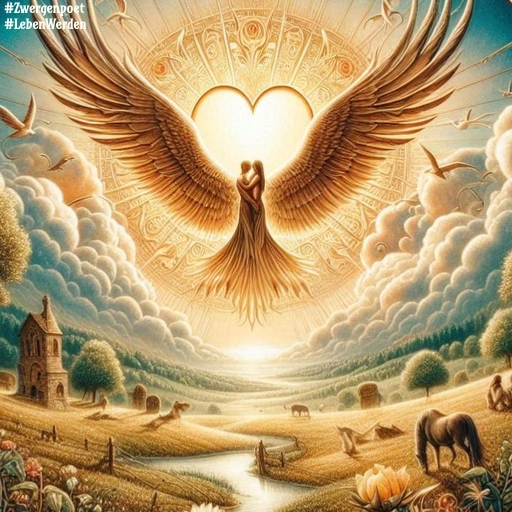 Ländliche Idylle über der ein großes Engelswesen mit ausgebreiteten Flügeln am Himmel schwebt, das einen Menschen umarmt.