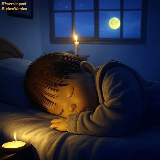 Sanftes Kerzenlicht erfüllt ein Schlafzimmer, in dem ein Kind friedlich schläft. Durch das Fenster scheint der gelbe Vollmond in die nächtliche Szene.