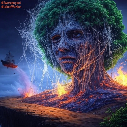 Auf einer schwebenden Insel steht ein riesiger Baum in der Form einer Büste mit menschlichem Aussehen. Er brennt an mehreren Stellen. Die Flammen werden von einem fliegenden Schiff gelöscht.