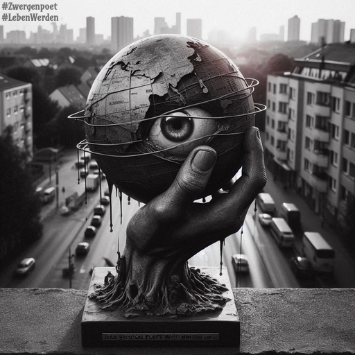 Auf einer Balustrade mit Blick auf die darunterliegende Straße in einer Stadt steht eine Skulptur: Eine Hand hält eine Weltkugel. Der Globus hat ein Auge und ist mit Draht umwickelt.