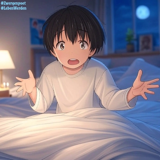 Ein hellwacher Teenager sitzt nachts im Bett und blickt überrascht nach vorn. Durch das Fenster scheint der Mond ins Zimmer, während eine warme Nachttischlampe den Raum erhellt.