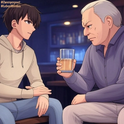 Ein junger Mann im Hoodie und ein älterer Mann, der nachdenklich ein Glas mit einem Getränk hält, sitzen beisammen und reden.