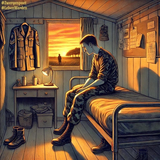 In einer einfachen Stube sitzt ein Soldat nachdenklich auf seinem Bett, während durch das Fenster die untergehende Sonne zu sehen ist. Uniform und Ausrüstung prägen den Raum.