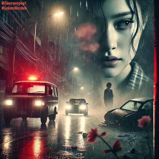 Surreal wirkende Collage aus dem Gesicht einer jungen Frau, einer nächtlichen Straße im Regen, einem demolierten Auto, vorbeifahrenden Autos und einer einsamen Gestalt im Hintergrund.