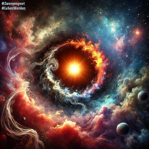 Eine sphärische Illustration zeigt im Zentrum einen strahlenden Stern. Ihn umgeben wirbelnde Wolken aus Feuer, Dampf und Eis. Am unteren rechten Bildrand schweben mehrere Planeten.