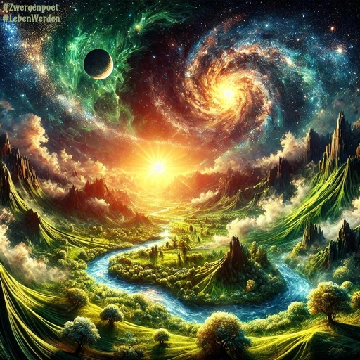 Ein üppig grünes Tal mit einem geschwungenen Fluss erstreckt sich zwischen markanten Bergformationen. Über der leuchtenden Landschaft strahlen Sonne, Sterne, ein Planet und eine spiralförmige Galaxie am Himmel und verbinden Natur und Kosmos zu einer surrealistischen Szenerie.