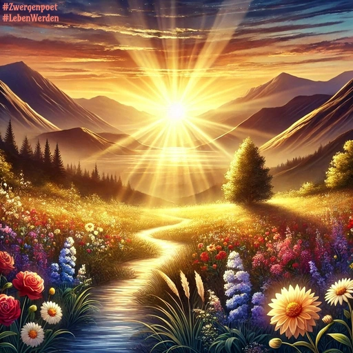 Eine bunte Blumenwiese im Gebirge wird von einem schmalen Bach durchzogen. Hinter den Bergen geht die strahlende Sonne auf und taucht die Landschaft in warmes, hoffnungsvolles Licht.