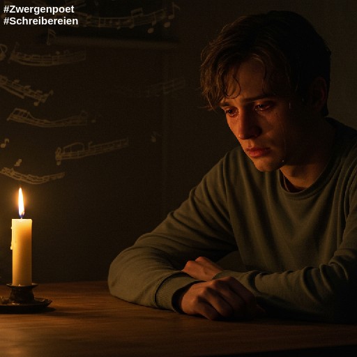 Ein nachdenklicher junger Mann sitzt allein in einem dunklen Zimmer, nur vom sanften Licht von drei brennenden Kerzen erleuchtet, klassische Musiknoten schweben leicht im Raum.
