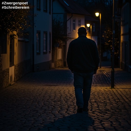 Ein etwas dicklicher Mann geht in der Abenddämmerung allein eine gepflasterte Dorfstraße entlang.