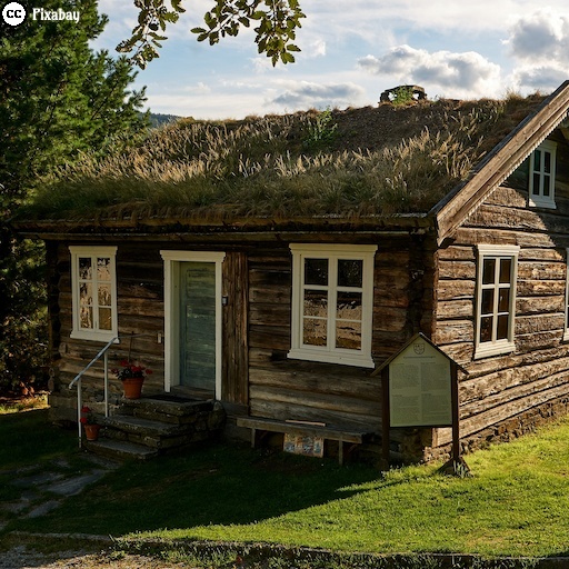 Ein Holzhaus mit einem grasbewachsenen Dach. Bild von Volker Gl&auml;tsch auf Pixabay.