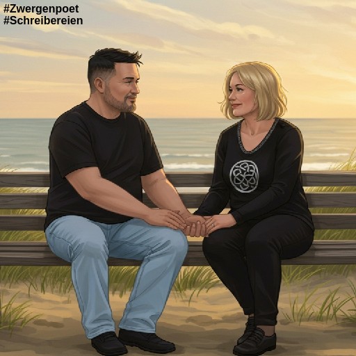Ein Paar mittleren Alters sitzt auf einer Holzbank an einer grasbewachsenen Düne, hält Händchen und, blickt sich liebevoll an. Die Nordsee im Hintergrund.