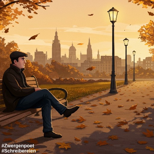 Herbstlicher Stadtpark, wo ein einzelner, nachdenklicher Mann mit Schiebermütze auf einer Holzbank sitzt. Im Hintergrund die Silhouette der Stadt.