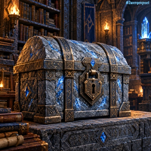 Eine verschlossene Truhe aus grauem Stein mit bläulich schimmernden Kristalladern und Zwergenrunen in einer steinernen Bibliothek.