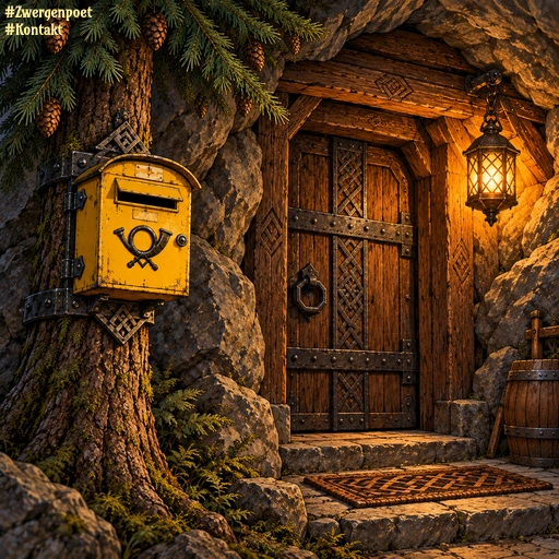Ein gelber Postbriefkasten hängt an einem hochgewachsenen Nadelbaum, der neben der schweren Eingangstür zu einer zwergischen Wohnhöhle im Fels steht.