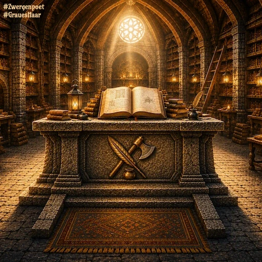 Ein warm beleuchtetes Skriptorium mit hohen Bücherregalen und einem steinernen Lesepult, auf dem ein ge&ouml;ffnetes Buch liegt. In die Vorderseite des Pultes ist das Symbol des Zwergenpoeten eingearbeitet.