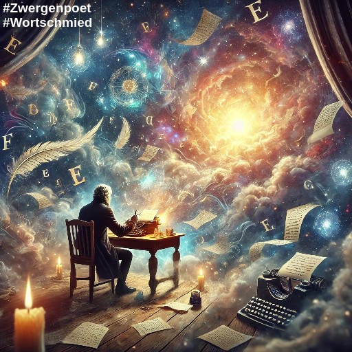 Ein alter Mann am Schreibtisch mit Bl&auml;ttern und einer altmodischen Schreibmaschine. Vor ihm Wirbel aus Wolken und Licht.
