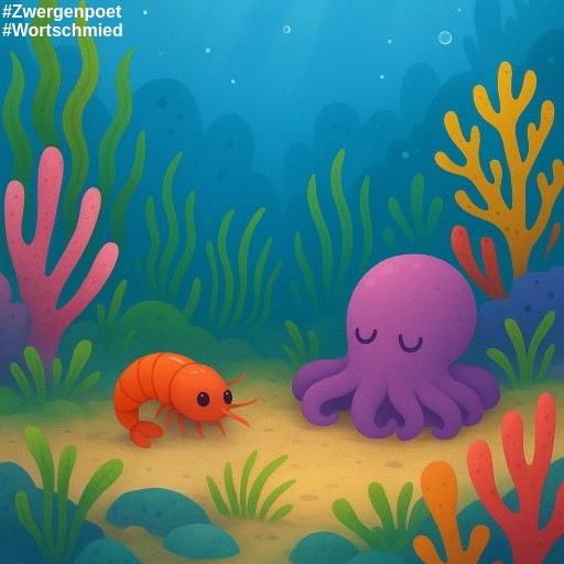 Unter Wasser: Zwischen Korallen und Seegras ruhen sich ein Schrimp und ein kleiner Oktopode aus. dar&uuml;ber schwimmen kleine Fische.