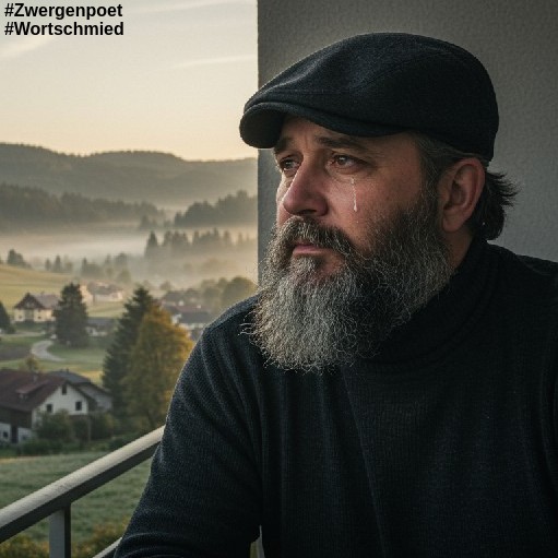 Ein Mann Ende 40 mit langem schwarzgrauem Bart und dunkelgrauer Schieberm&uuml;tze sitzt auf dem Balkon einer Wohnung und blickt nachdenklich &uuml;ber sanft bewaldete H&uuml;gel. Im Tal ein kleines Dorf mit einer alten Kirche in der Mitte.