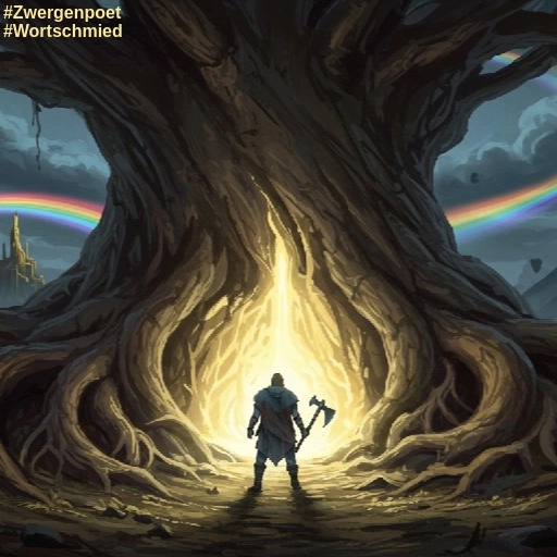 Ein einsamer Krieger in einen leuchtenden Riss an den Wurzeln des Weltenbaums Yggdrasil. Dar&uuml;ber ist der Himmel dunkel, aber die Regenbogenbr&uuml;cke Bifr&ouml;st w&ouml;lbt sich zwischen den Wolken empor.