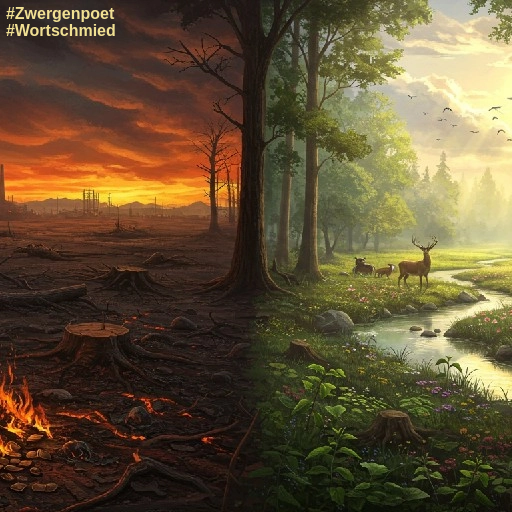 Ein zweigeteiltes Bild. Links: eine verw&uuml;stete Landschaft – karger, ausgebeuteter Boden, gef&auml;llte Baumst&uuml;mpfe, Rauch aus fernen Fabrikschornsteinen, verbrannte Erde, einige angebrannte Gelds&auml;cke als Symbol f&uuml;r Gier. Rechts: ein unber&uuml;hrtes Waldidyll.