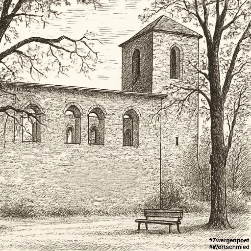 Die Außenmauern der Kirche, die bei einem Blitzeinschlag ausbrannte, stehen noch. Eine Bank und einige B&auml;ume vervollst&auml;ndigen das Bild im Stil einer Bleistiftzeichnung.
