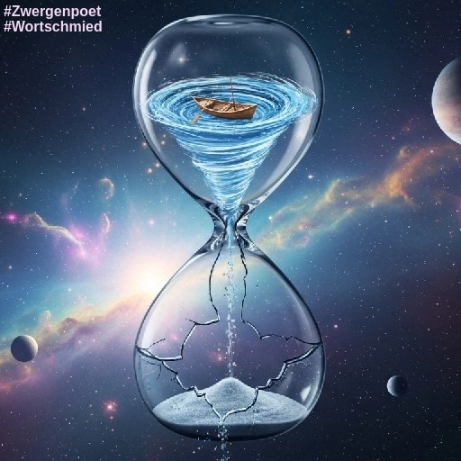 In surrealer, kosmischer Umgebung schwebt eine große Sanduhr im All. Sie ist mit klarem Wasser gefüllt. Ein kleines Boot schwimmt darauf. Der untere Teil des Glases ist zerbrochen. Der Strudel nimmt das Boot mit sich.